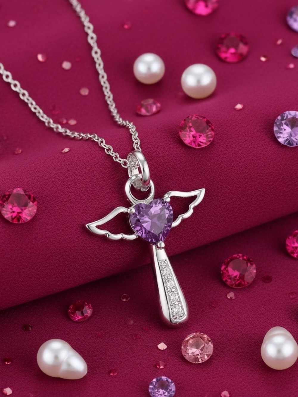 Angel Wings Amethyst Heart Cross Necklace 925 Silver Religious Coquette Fairy